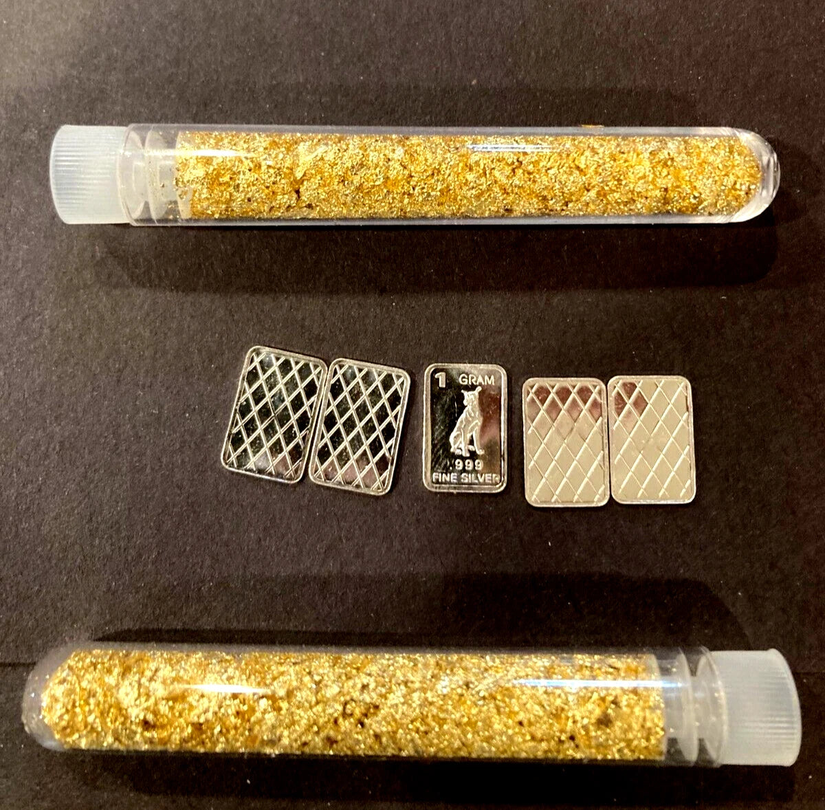 (5x) Pure .999 Silver Rounds Bullion Estate Lot & Vials Gold Flakes - Buy 2+