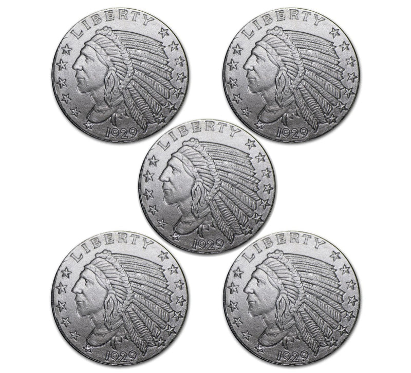 Lot of 5 (5) 0.10 (1/10) Troy Ounce .999 Silver 1929 Incuse Indian Round-1