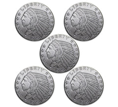 Lot of 5 (5) 0.10 (1/10) Troy Ounce .999 Silver 1929 Incuse Indian Round-1