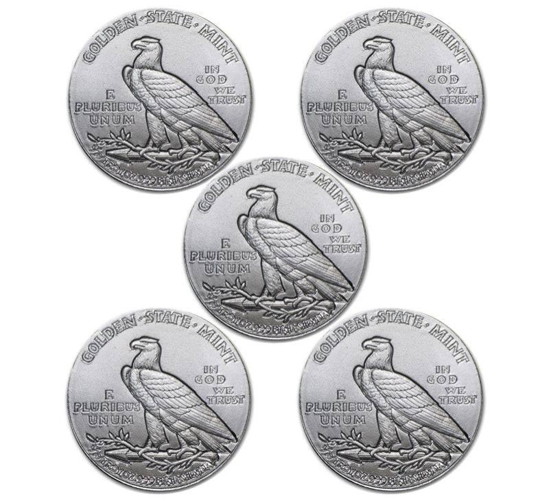 Lot of 5 (5) 0.10 (1/10) Troy Ounce .999 Silver 1929 Incuse Indian Round-3