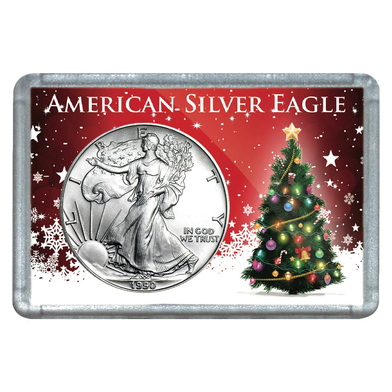 1990 $1 American Silver Eagle With Christmas Tree Design Holiday Holder-1