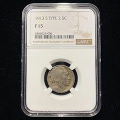 1913 S 5 Cent Buffalo Nickel US Mint NGC F15 Rare Type 2 Doubled Variety-5