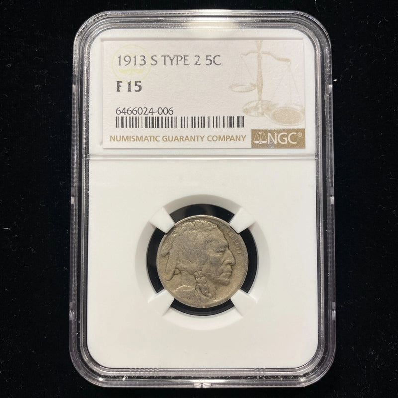 1913 S 5 Cent Buffalo Nickel US Mint NGC F15 Rare Type 2 Doubled Variety-5